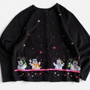 Vintage Essentials By Maggie Fleece Embroidered New Years Polar Bears Cardigan
